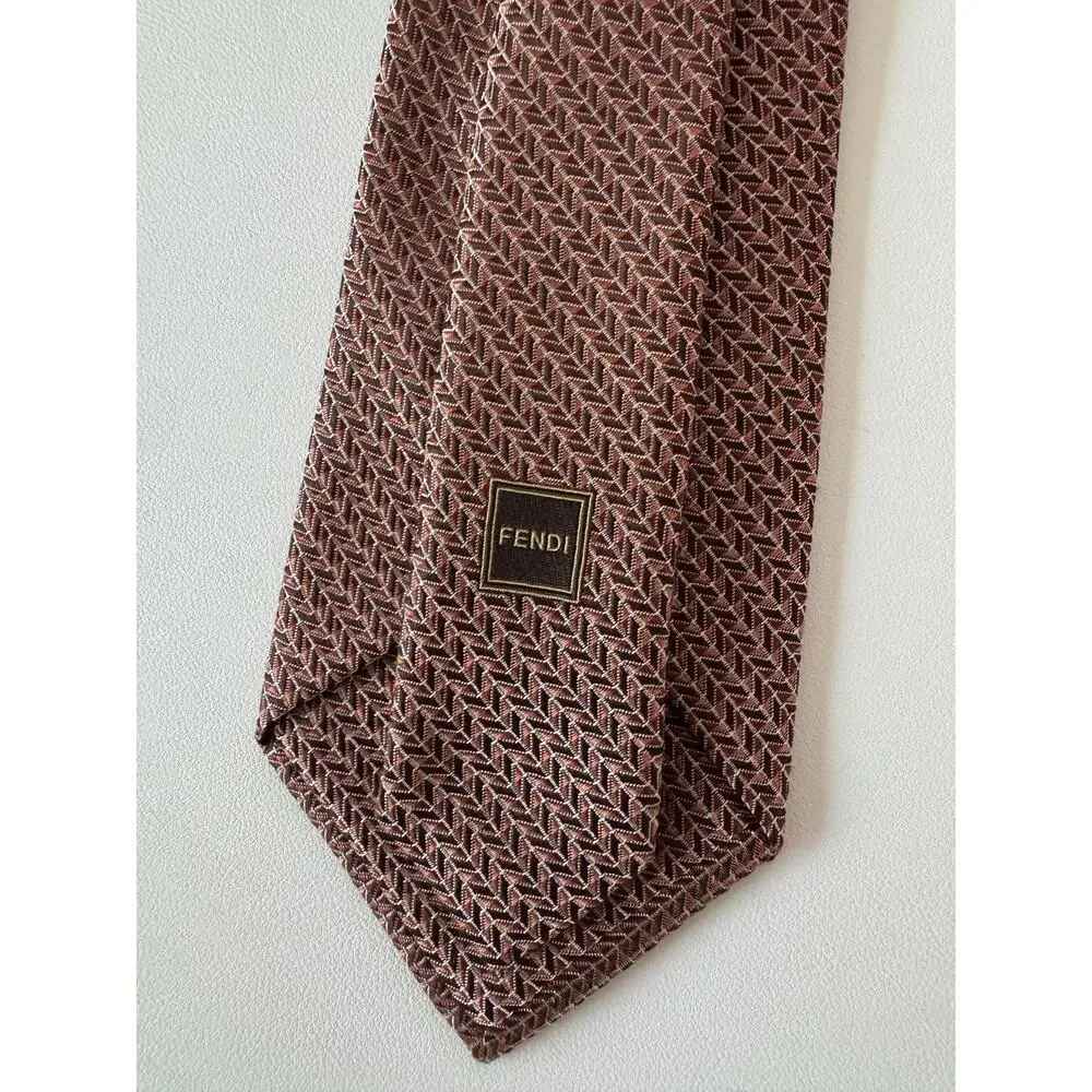 Fendi Tie Mens Pink Brown Herringbone Silk Logo Jacquard Made Italy Designer
